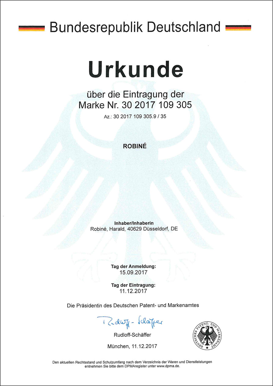 Urkunde zur ROBINÉ Marke